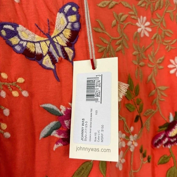 NWT Johnny Was Osaka Raw Seam Dolman Tee in Living Coral Embroidered T-Shirt XS - Picture 11 of 13